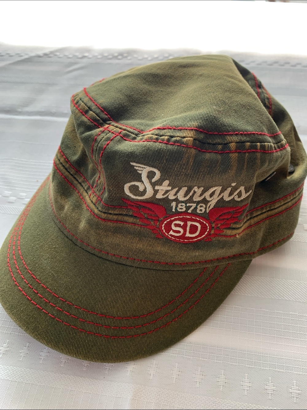 STURGIS Motorcycle Bikercore Motocore Olive Green Military Cap Red Stitching